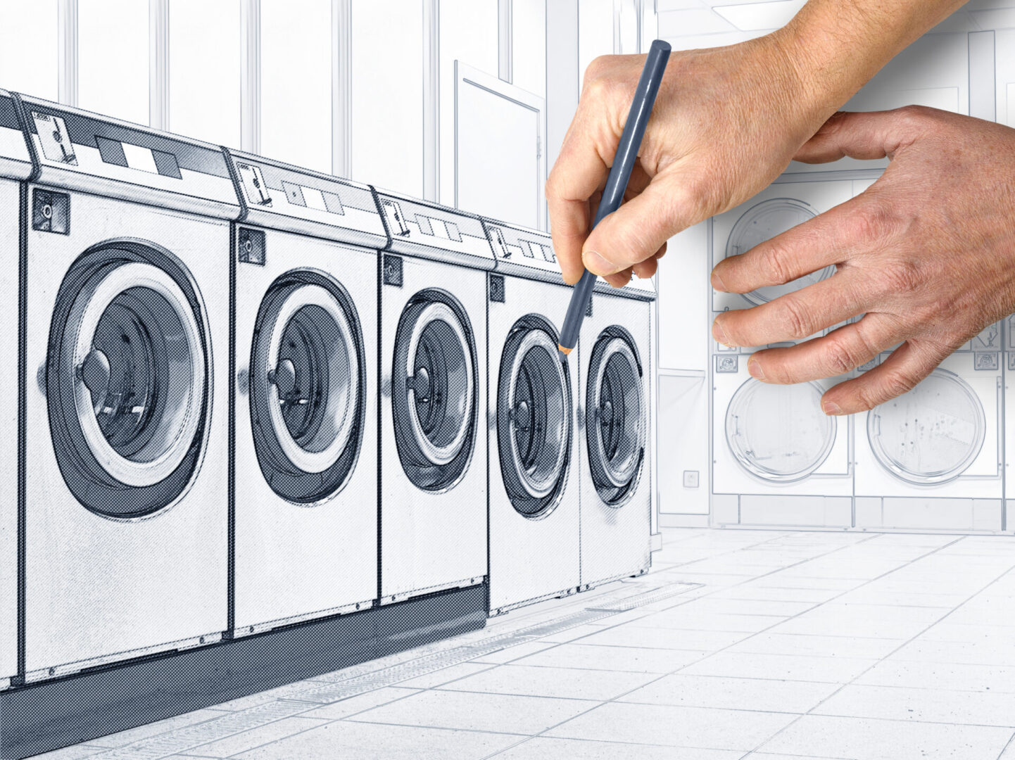 Sketch,From,A,Row,Of,Industrial,Washing,Machines,In,A
